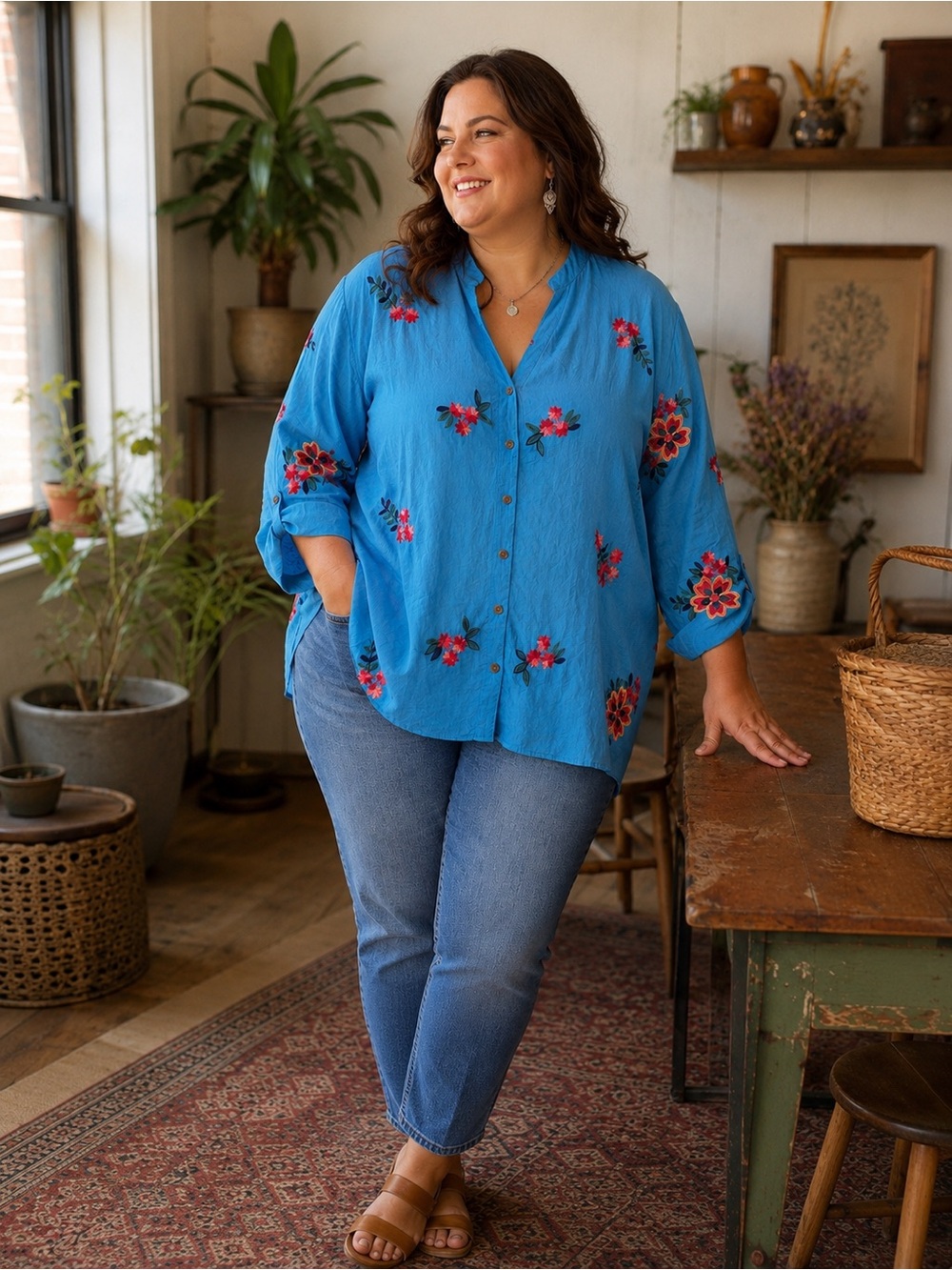 Anthropologie Kindred Della Robbia Embroidered Floral Tunic Blouse 2X Blue